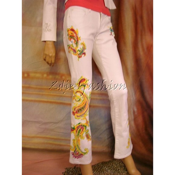 $1298 New RALPH LAUREN White Painted Paisley Art Low Rise Pants Jeans 29
